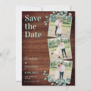 Save The Date Bois rustique Eucalyptus Vert Photo Collage