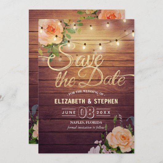 Save The Date Bois Rustique Floral Lumières À Chaîne Enregistrer (Devant / Derrière)
