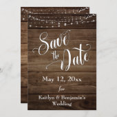Save The Date Bois rustique, Lumières blanches & Script, Enregis (Devant / Derrière)