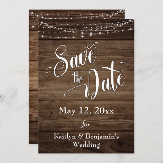 Save The Date Bois rustique, Lumières blanches & Script, Enregis (Devant / Derrière)