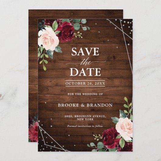 Save The Date Bois rustique Mariage floral bordeaux géométrique (Devant / Derrière)