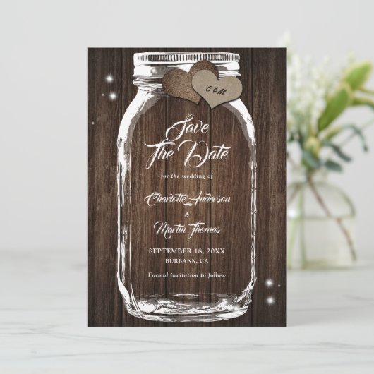 Save The Date Bois Rustique Mason Jar Mariage Enregistrer La Dat (Debout devant)
