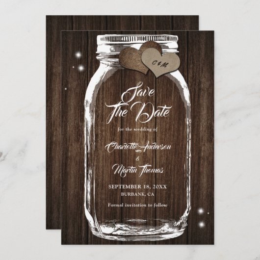 Save The Date Bois Rustique Mason Jar Mariage Enregistrer La Dat (Devant / Derrière)