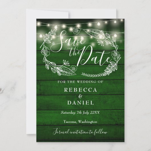 Save The Date Bois vert rustique éclaire le Mariage floral (Devant)