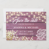 Save The Date Bois violet rustique Lumières et dentelle (Devant)