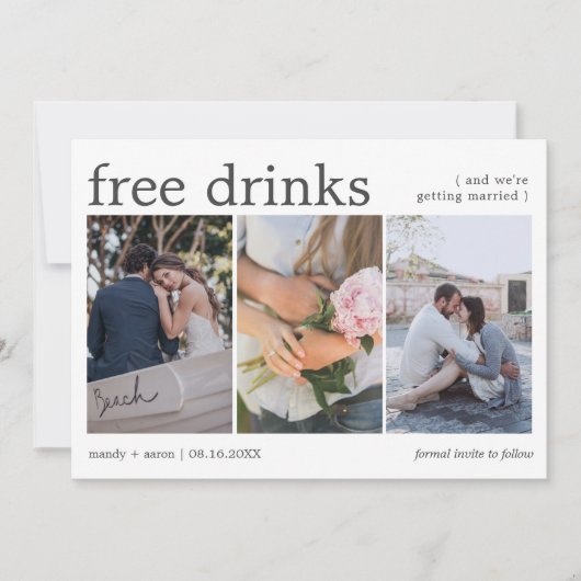 Save The Date Boissons Gratuites 3 Photo Mariage Réserver la Dat (Devant)
