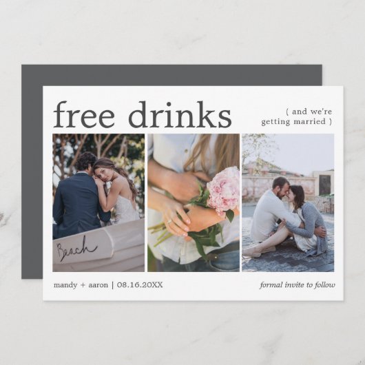 Save The Date Boissons Gratuites 3 Photo Mariage Réserver la Dat (Devant / Derrière)