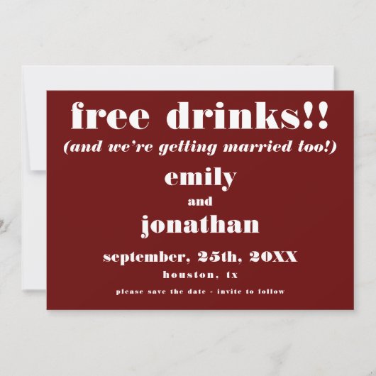 Save The Date Boissons Gratuites Mariage Décontracté Bourgogne E (Devant)