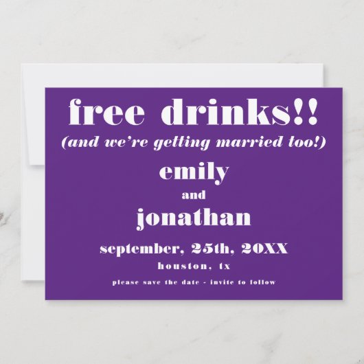 Save The Date Boissons Gratuites Mariage Décontracté Violet Enre (Devant)