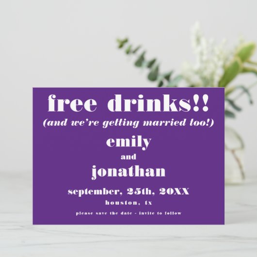 Save The Date Boissons Gratuites Mariage Décontracté Violet Enre (Debout devant)