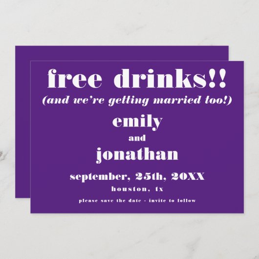 Save The Date Boissons Gratuites Mariage Décontracté Violet Enre (Devant / Derrière)