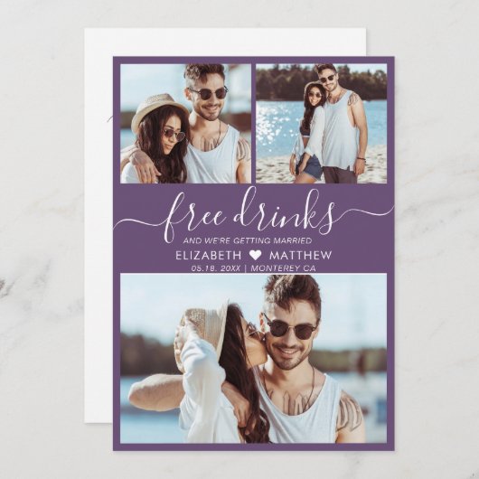 Save The Date Boissons gratuites Script Purple 3 Photo Collage M (Devant / Derrière)