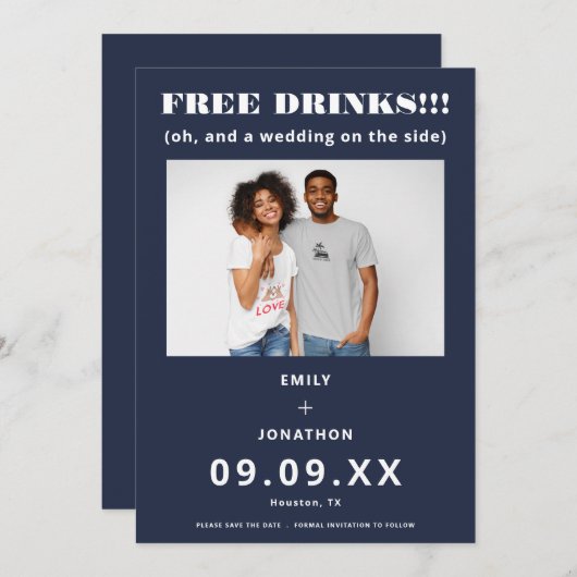Save The Date Boissons Libres Photo Décontracté Marine Blanc Enr (Devant / Derrière)