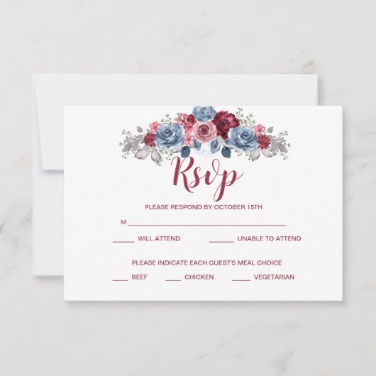 Save The Date Boîtier RSVP de mariage bleu et bordeaux Dusty (Devant)