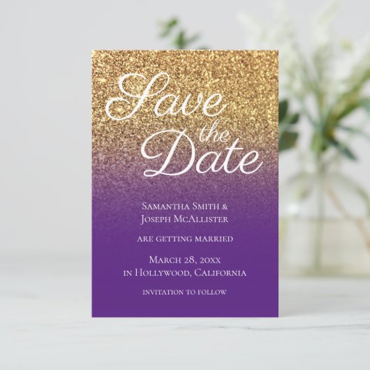 Save The Date Bokeh Gold Parties scintillant Royal Purple Ombre (Debout devant)
