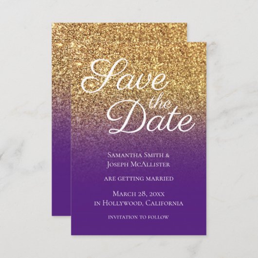 Save The Date Bokeh Gold Parties scintillant Royal Purple Ombre (Devant / Derrière)