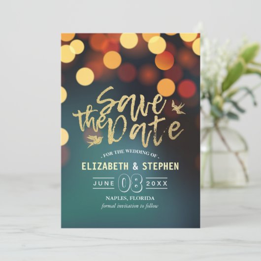 Save The Date Bokeh Gold Turquoise Moderne Mariage Lumière Enreg (Debout devant)