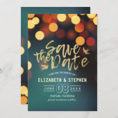 Save The Date Bokeh Gold Turquoise Moderne Mariage Lumière Enreg (Devant / Derrière)