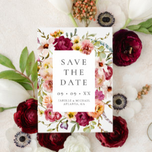 Save The Date Bold Burgundy Floral Photo Mariage
