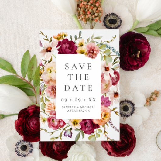 Save The Date Bold Burgundy Floral Photo Mariage