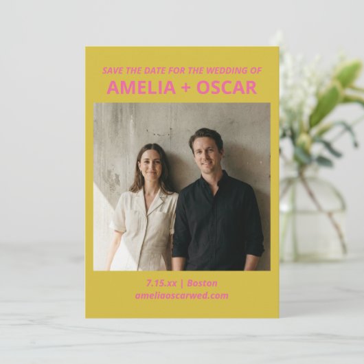 Save The Date Bold Modern Chartreuse Pink Yellow Wedding Photo (Debout devant)
