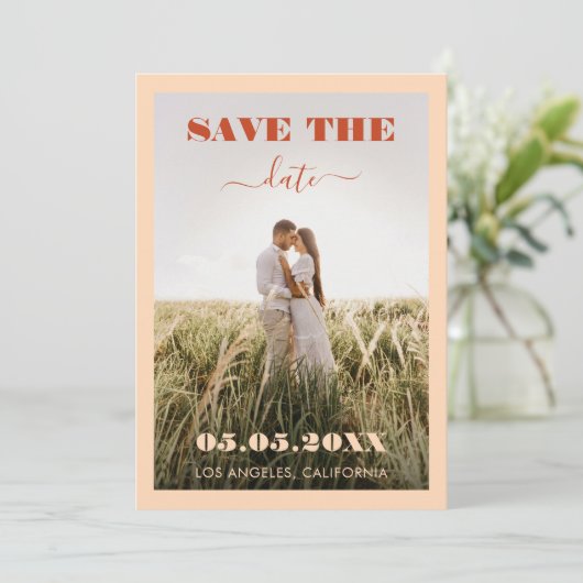 Save The Date Bold Peach & Terracotta 2 Photo Simple Mariage (Debout devant)