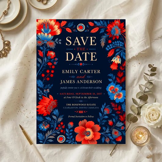 Save The Date Bold Red and Blue Floral