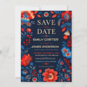 Save The Date Bold Red and Blue Floral (Devant)
