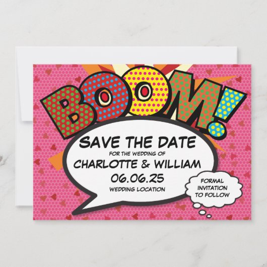 Save The Date BOOM Enregistrer la date Fun Retro Comic Book Pop (Devant)