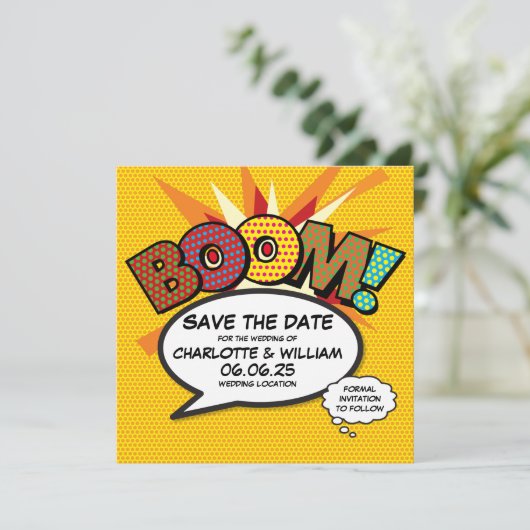 Save The Date BOOM Enregistrez la date Fun Retro Bande dessinée  (Debout devant)