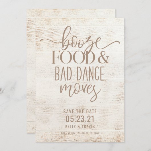 Save The Date Booze nourriture et mauvaise danse déménage Mariag (Devant / Derrière)