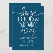 Save The Date Booze nourriture et mauvaise danse déménage Mariag (Devant / Derrière)