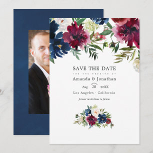 Save The Date Bordo et marine aquarelle Mariage floral photo