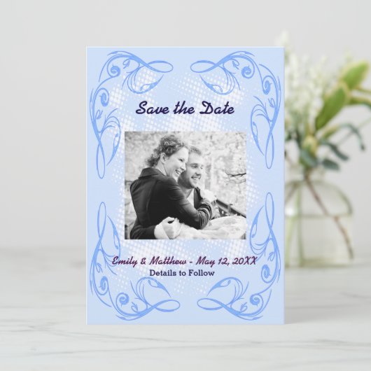 Save The Date Bordure Abstraite bleue Swirl Enregistrer la date  (Debout devant)