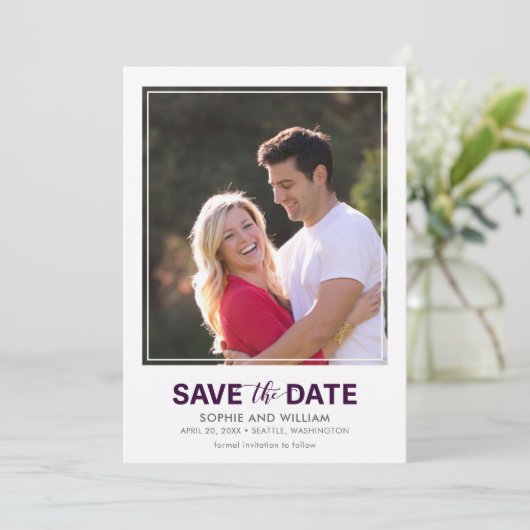 Save The Date Bordure blanche verticale violet Enregistrer la ph (Debout devant)
