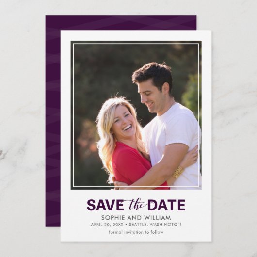 Save The Date Bordure blanche verticale violet Enregistrer la ph (Devant / Derrière)