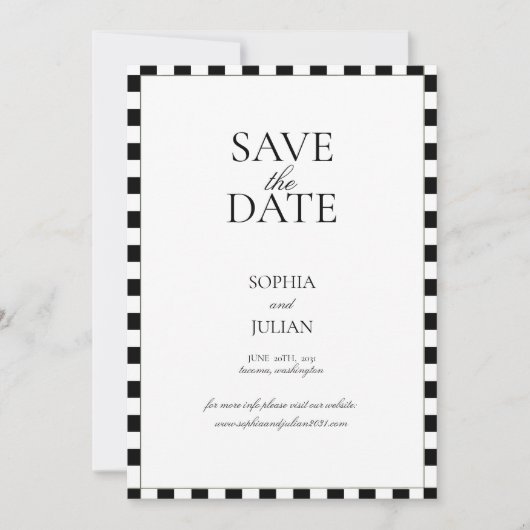 Save The Date Bordure damier noir et blanc moderne (Devant)