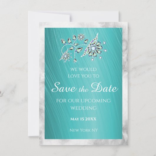 Save The Date Bordure en marbre turquoise en strass (Dos)