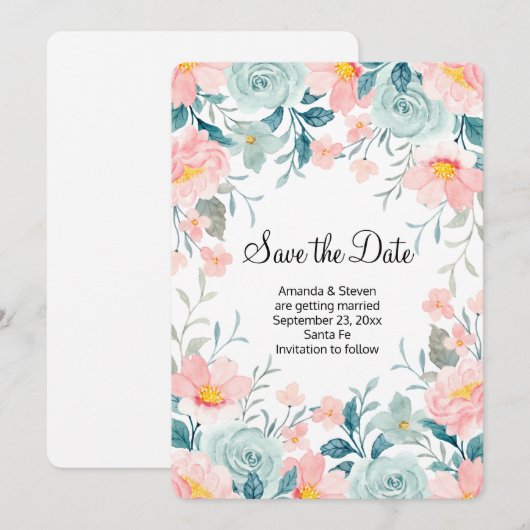 Save The Date Bordure florale rose et vert Élégant Mariage (Devant / Derrière)