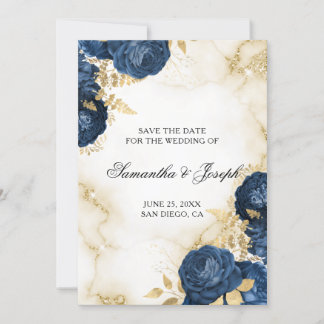 Save The Date Bordure florale Vintage or et bleu foncé