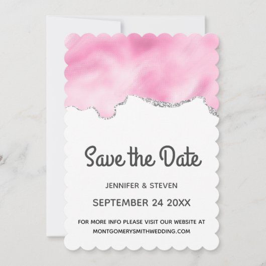 Save The Date Bordure Parties scintillant rose et argent Mariage (Devant)
