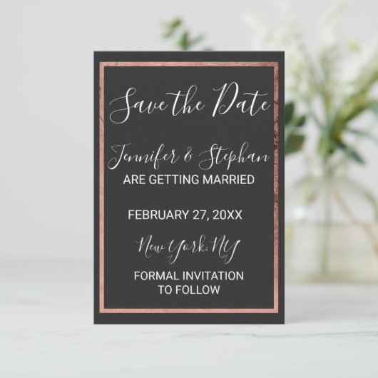 Save The Date Bordure rose Gold Outline Mariage noir simple (Debout devant)