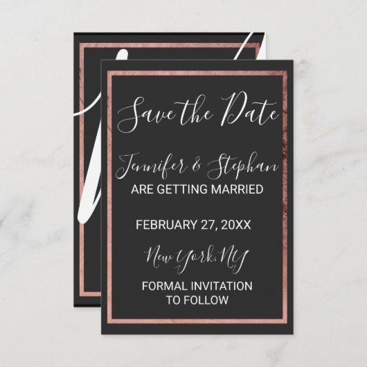 Save The Date Bordure rose Gold Outline Mariage noir simple (Devant / Derrière)