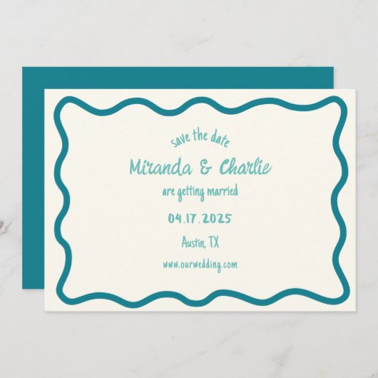 Save The Date Bordure Whimsical Wavy manuscrite Rétro Bleu (Devant / Derrière)