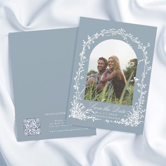 Save The Date Botanical Arch Garden Dusty Blue Wedding Photo