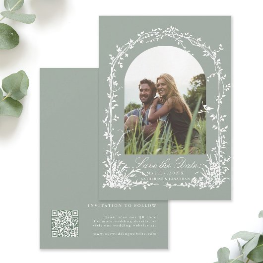 Save The Date Botanical Arch Garden Sage Green Wedding Photo 