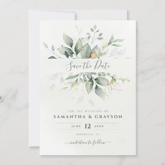 Save The Date Botanical Gold Greenery Eucalyptus Wedding (Devant)