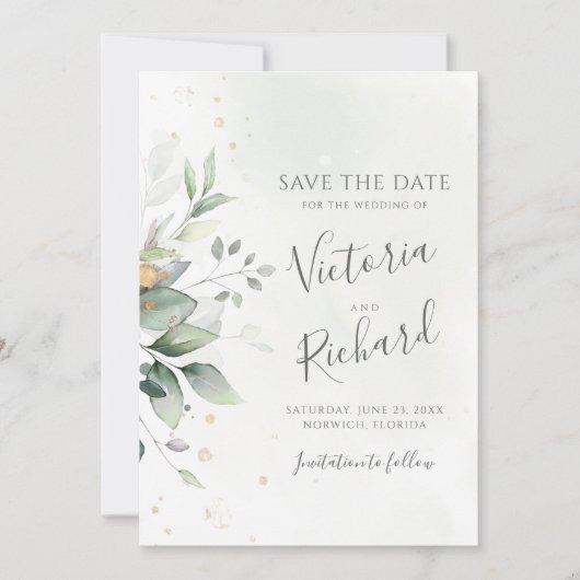 Save The Date Botanical Gold Greenery Eucalyptus Wedding (Devant)