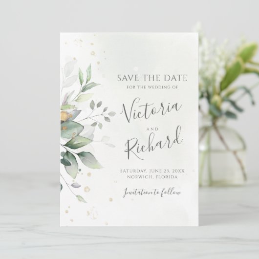 Save The Date Botanical Gold Greenery Eucalyptus Wedding (Debout devant)