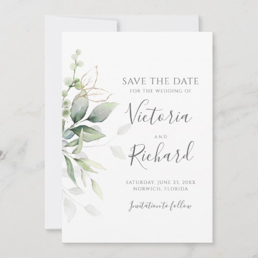 Save The Date Botanical Gold Greenery Eucalyptus Wedding (Devant)